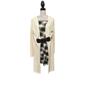 Plaid Patchwork Plaid Knit Dress Sweater Women XL Knee Length Long Sleeves Belt